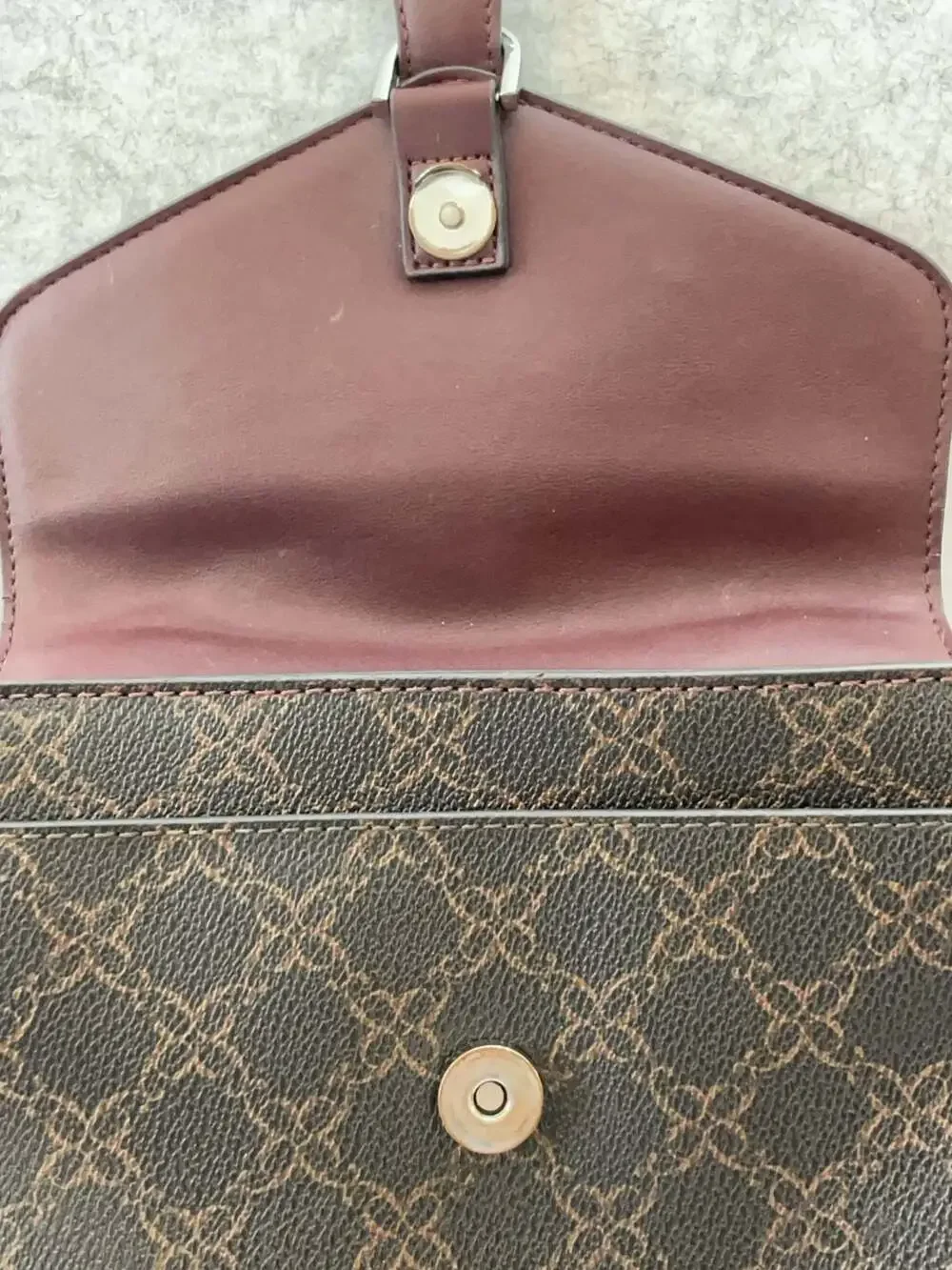 Nine West Monogram Print Structured Satchel Handbag in Brown and Burgundy
